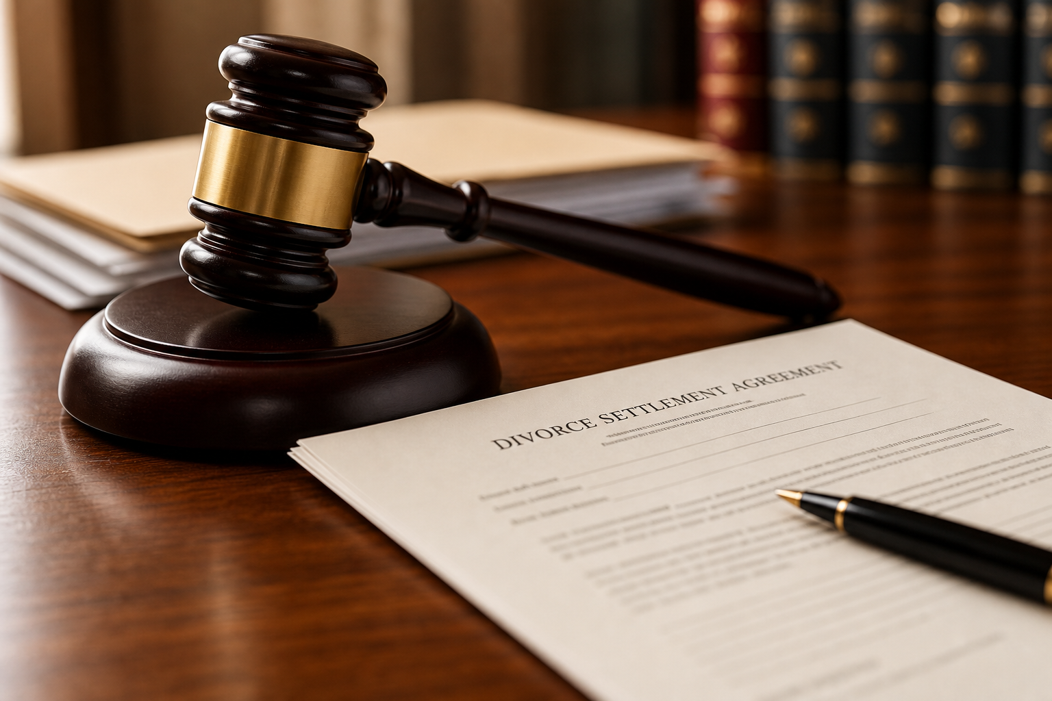 Gavel and divorce settlement paperwork